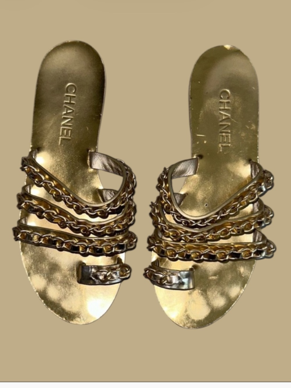 CHANEL Gold Chain-Trim Leather Sandals - Women